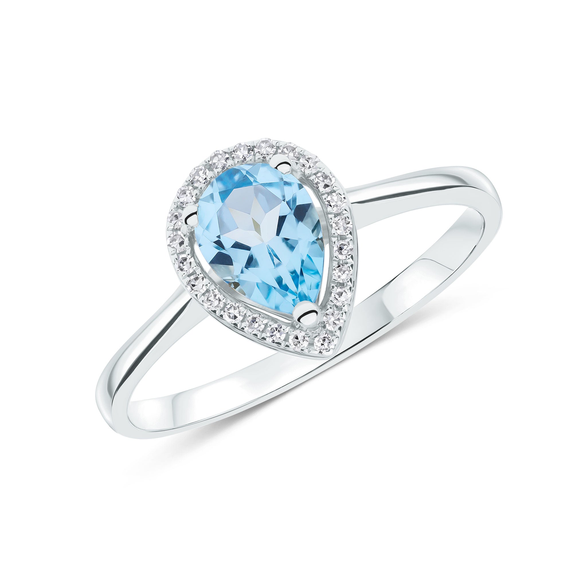 9ct White Gold 7x5 Pear Shape Swiss Blue Topaz & Round Diamond Claw Set Halo Cluster Ring