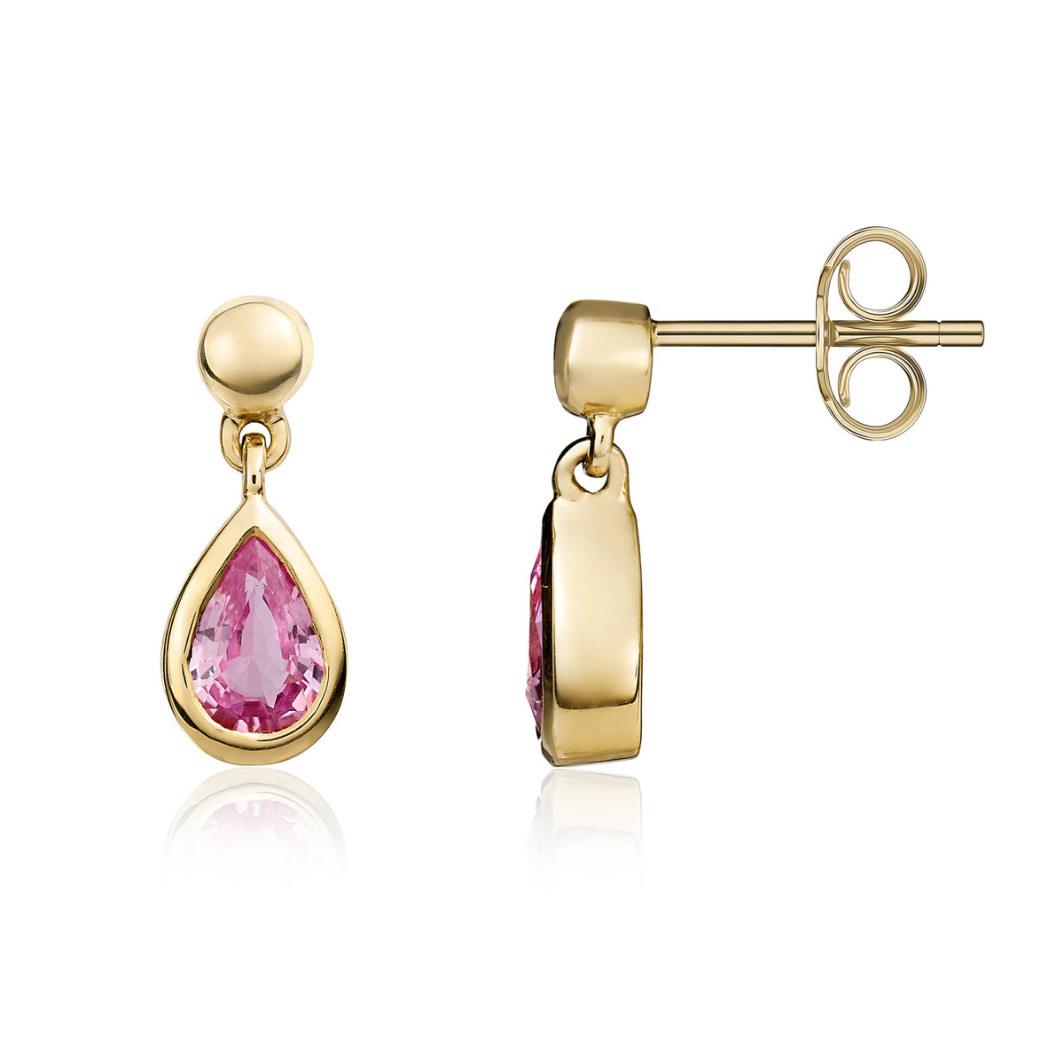 9ct Yellow Gold 6x4 Pear Shape Pink Sapphire Rubover Drop Earrings with 3mm Bead Top