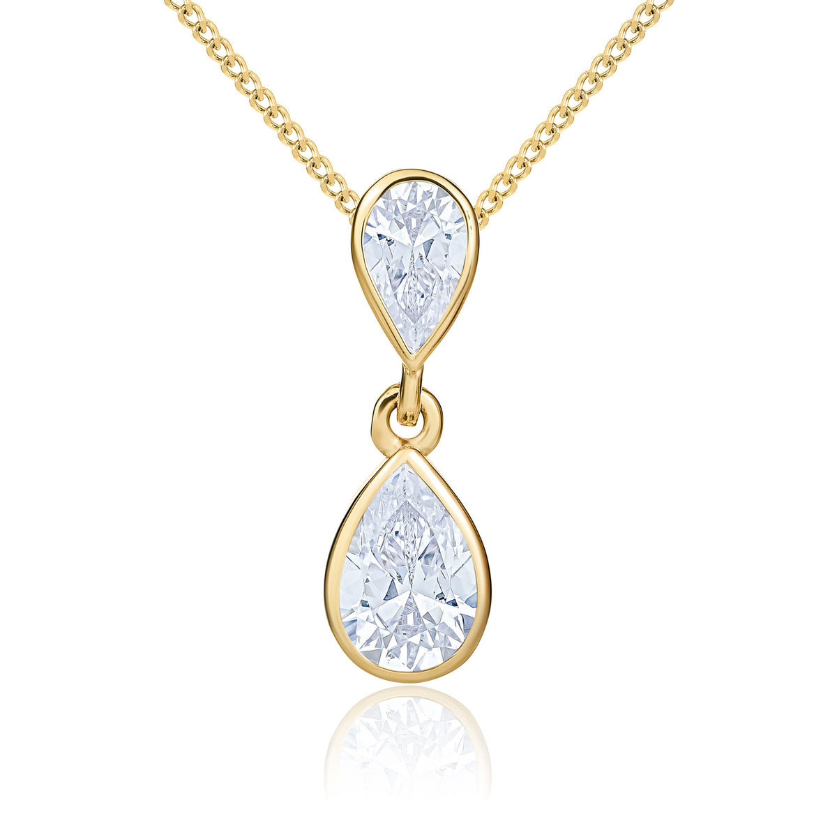 9ct Yellow Gold Pear Shape CZ Rubover 2 Stone Drop Pendant