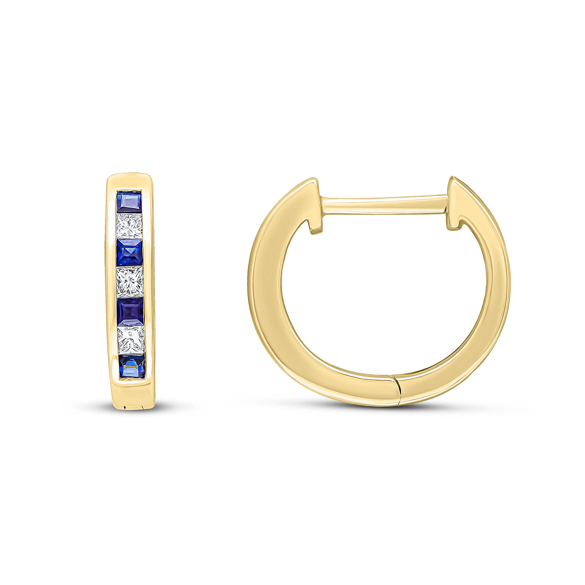 18yg Square Sapphire & Diamond Channel Huggies