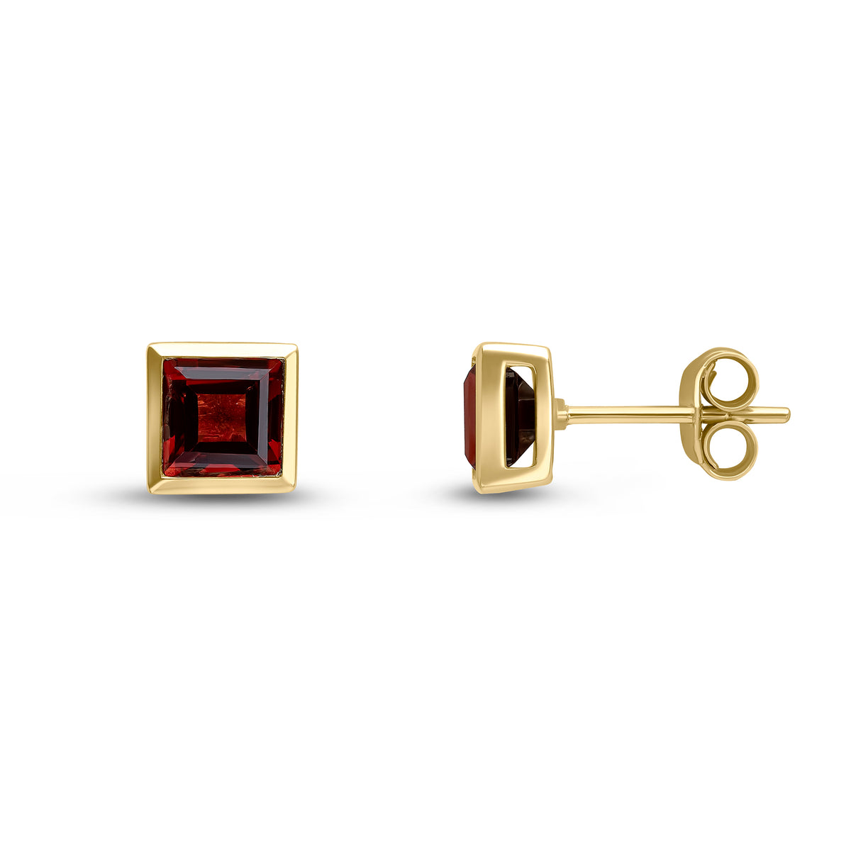 9ct Yellow Gold 5mm Square Garnet Rubover Set Earrings