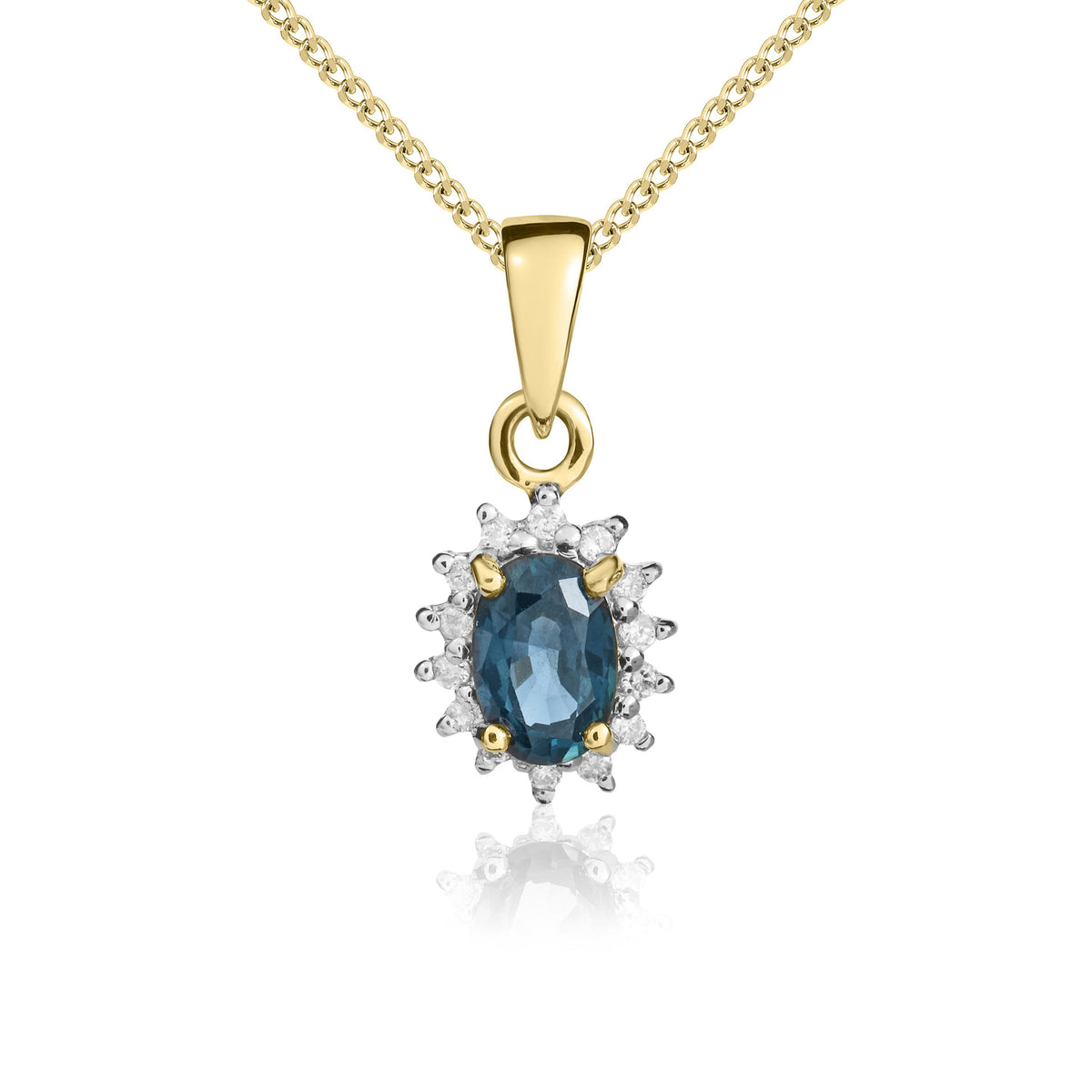 9ct Yellow Gold Oval Sapphire & Round Diamond Cluster Pendant with Plain Loop Top Rhodium to Diamonds