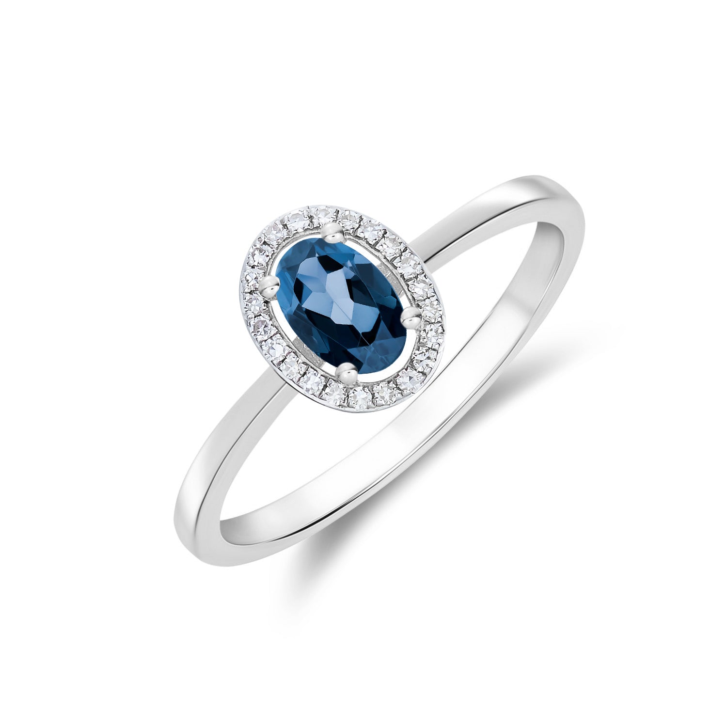 9ct White Gold 6x4 Oval London Blue Topaz and Round Diamond Halo Cluster Ring
