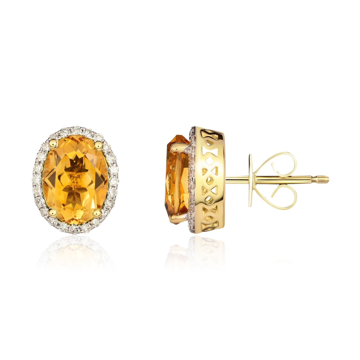 9ct Yellow Gold 8x6 Oval Citrine & Diamond Claw Cluster Earrings Rhodium to Diamonds
