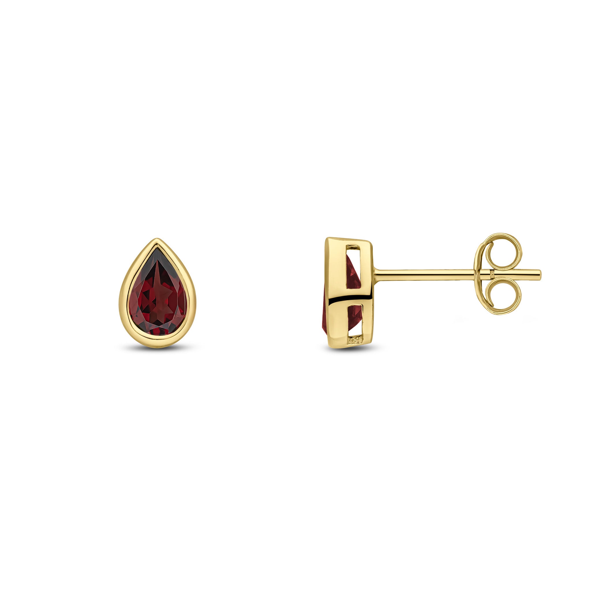 9ct Yellow Gold 6x4 Pear Shape Garnet Rubover Set Earrings