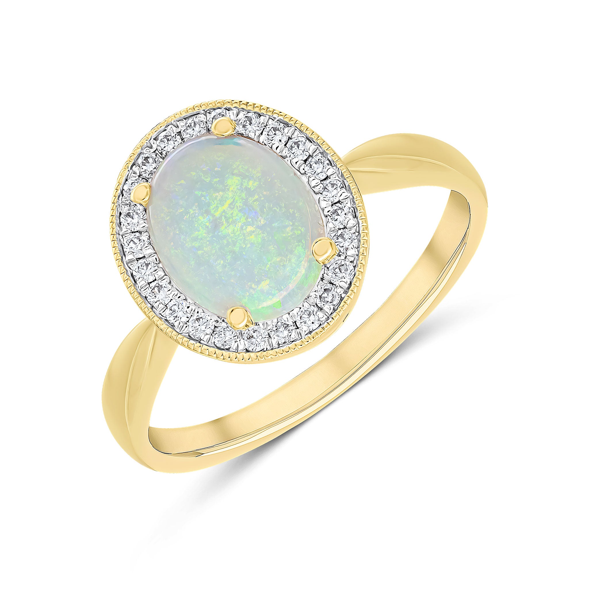 18ct Yellow Gold Claw Set 9x7mm Oval Opal and Diamond Cluster Ring Milgrain Edge