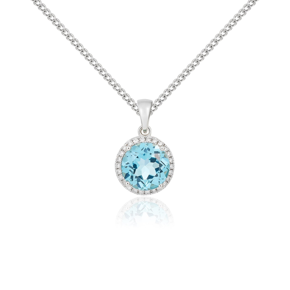 9ct White Gold Round Swiss Blue Topaz & Diamond Cluster Pendant