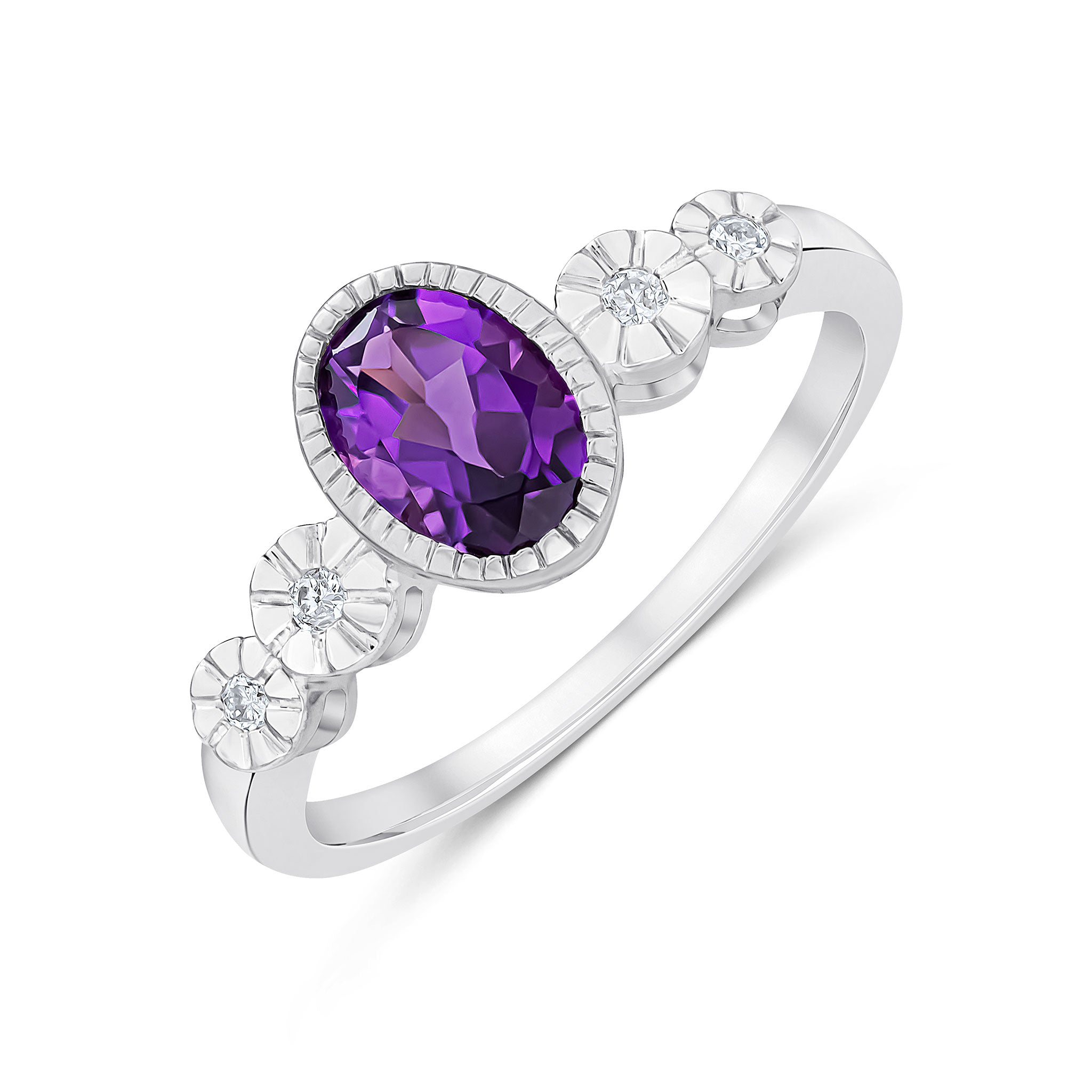 9ct White Gold Milgrain Oval Amethyst and Illusion Diamond 4 Stone Shoulders Ring