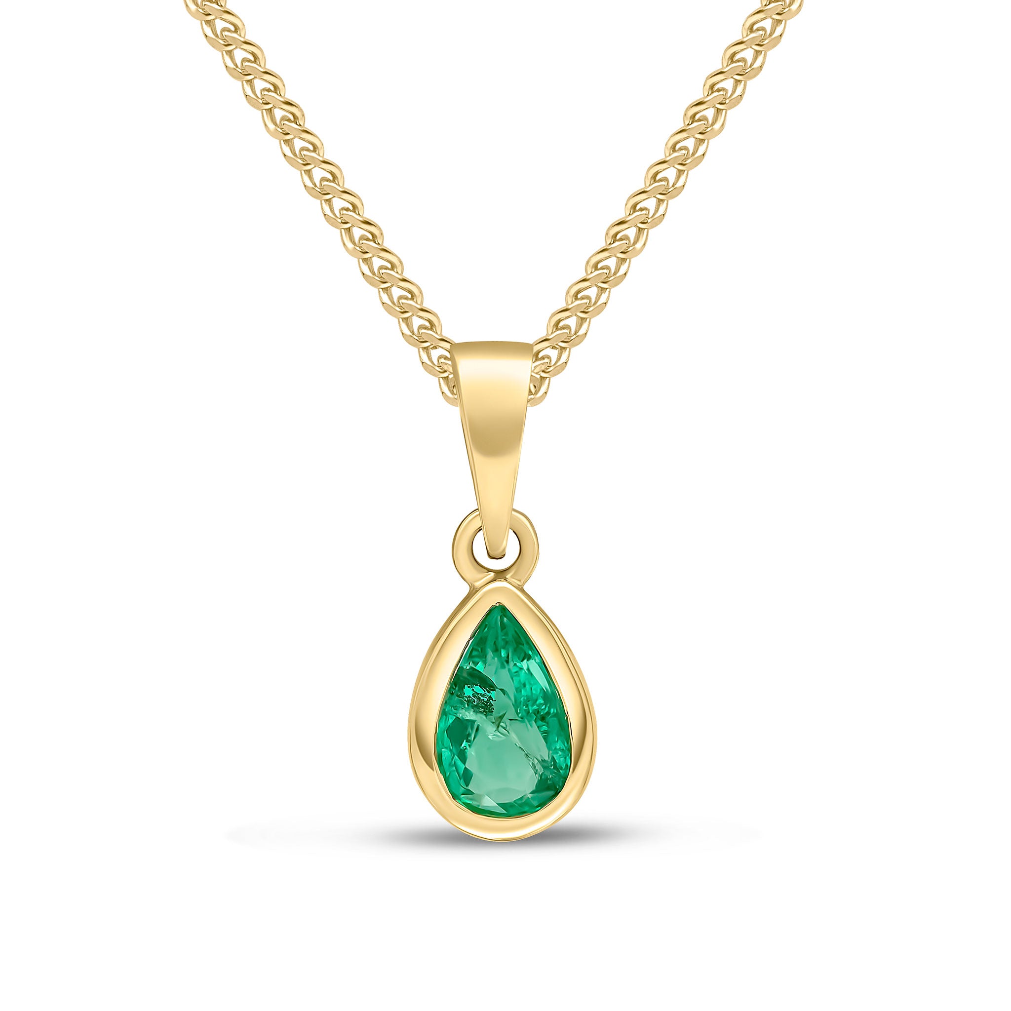9ct yellow gold 6 x 4 mm pear shape Emerald rubover Single Stone pendant