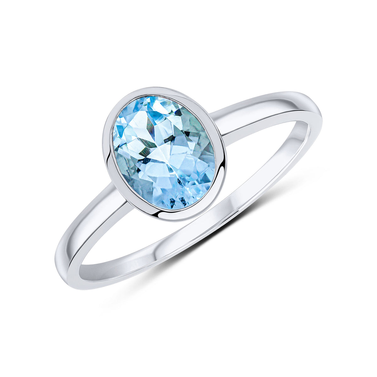9ct White Gold 8x6 Oval Aquamarine Single Stone Rubover Ring
