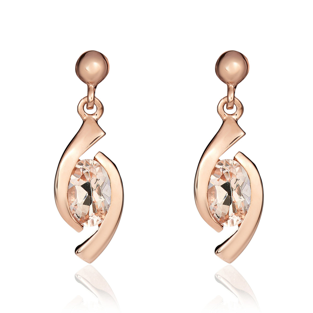 9ct Rose Gold Oval Morganite 'eye' Drop Earrings with 3mm Bead Top