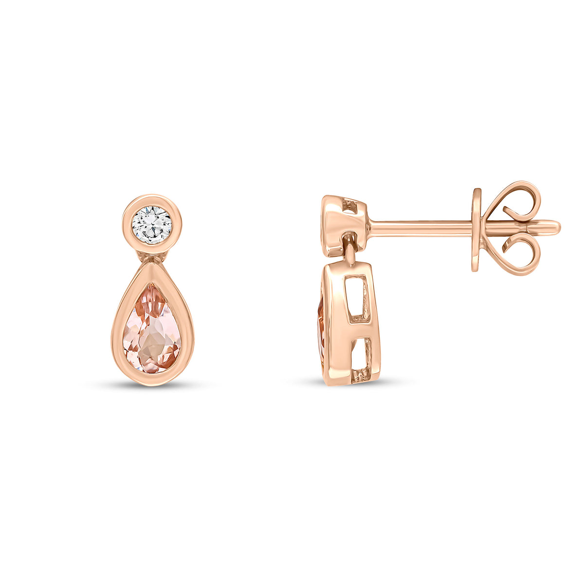 18ct Rose Gold Pear Shape Morganite & Round Diamond Two Stone Drop Earrings