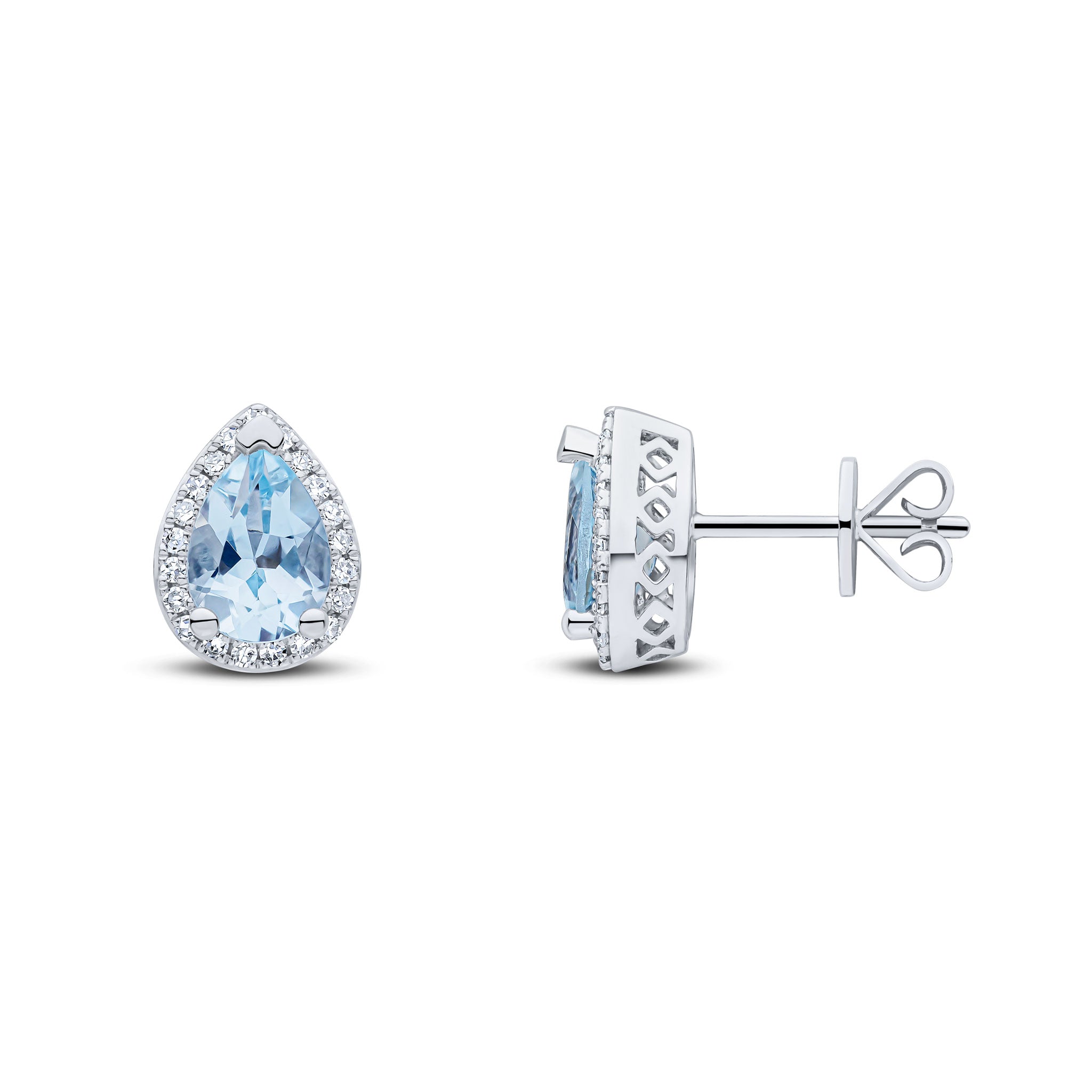 9ct White Gold Pear Aquamarine & Diamond Cluster Er