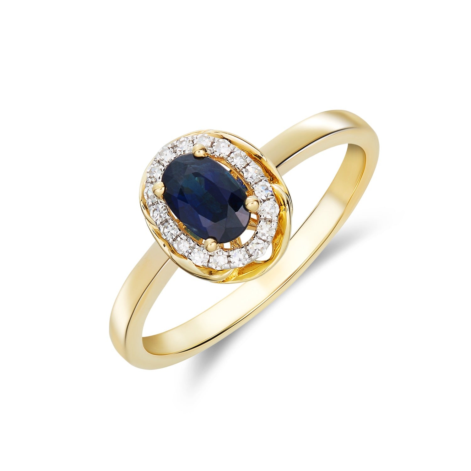 9CT YG 6X4 OVAL SAPPHIRE & DIAMOND CLUSTER RING WITH ROPE EDGE. RHODIUM TO DIAMONDS 1
