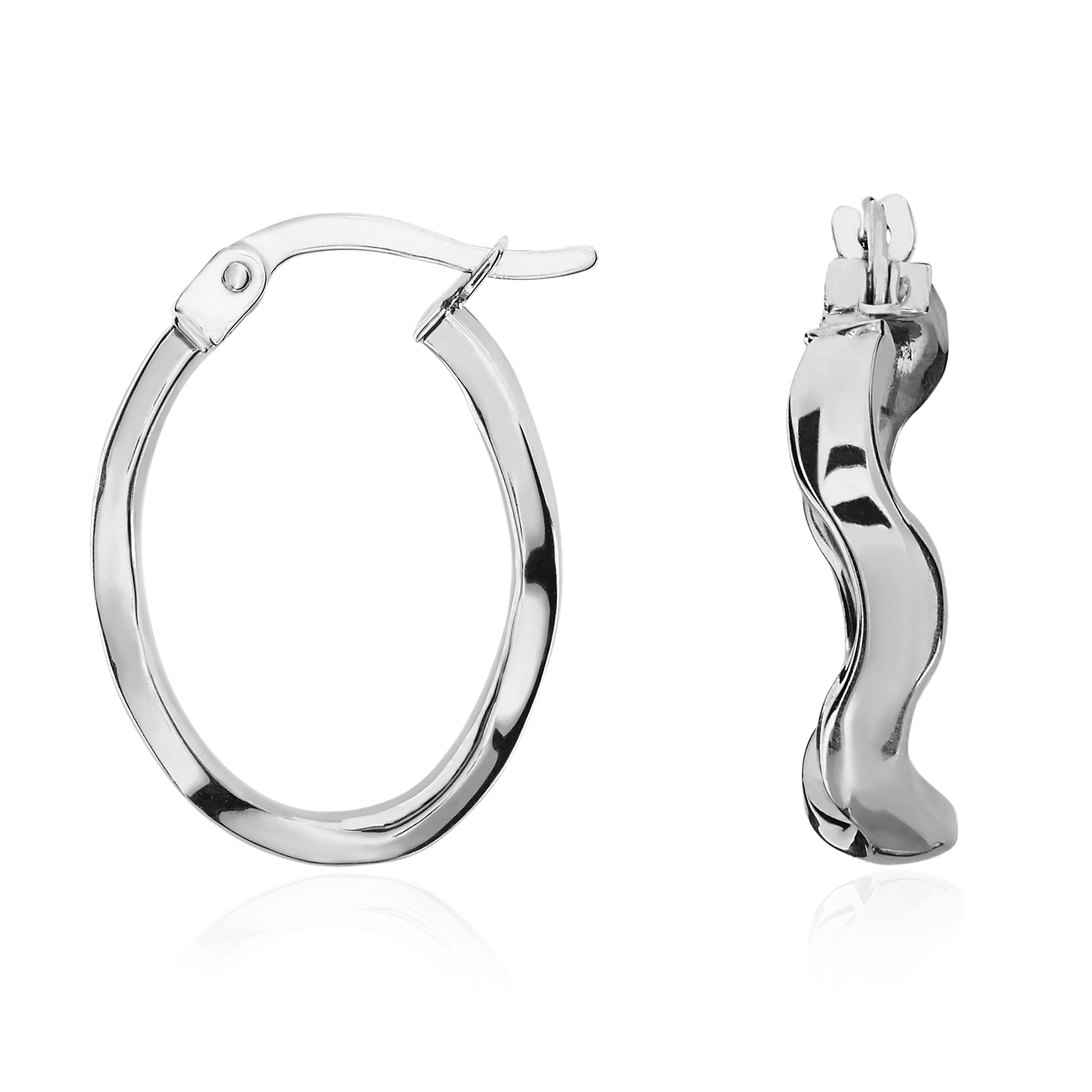 9ct White Gold Polished Wavy Oval Hoop Earrings