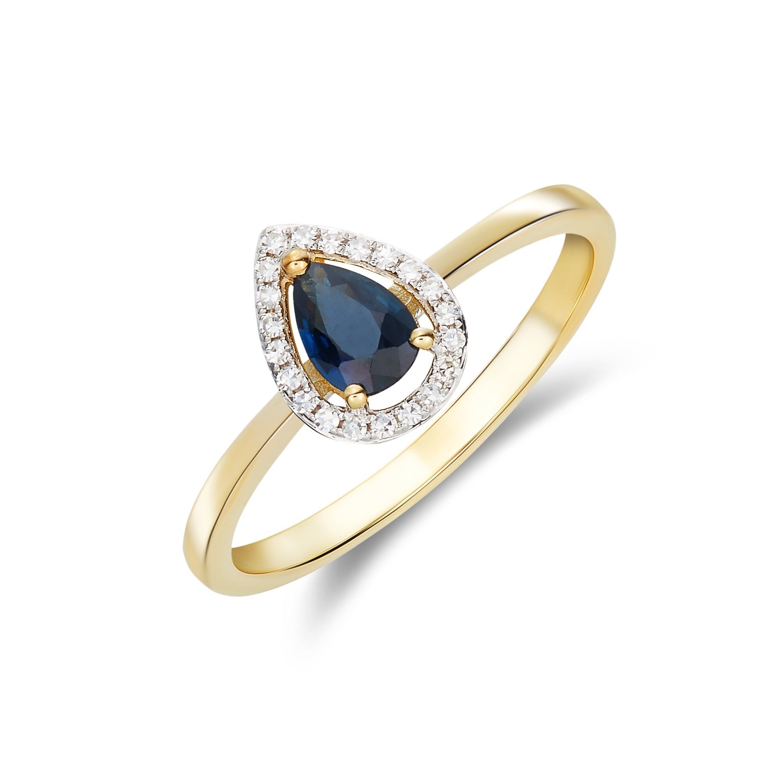 9CT YG 6X4 PEARSHAPE SAPPHIRE & DIAMOND HALO CLAW CLUSTER RING. RHDOIUM TO DIAMONDS 1
