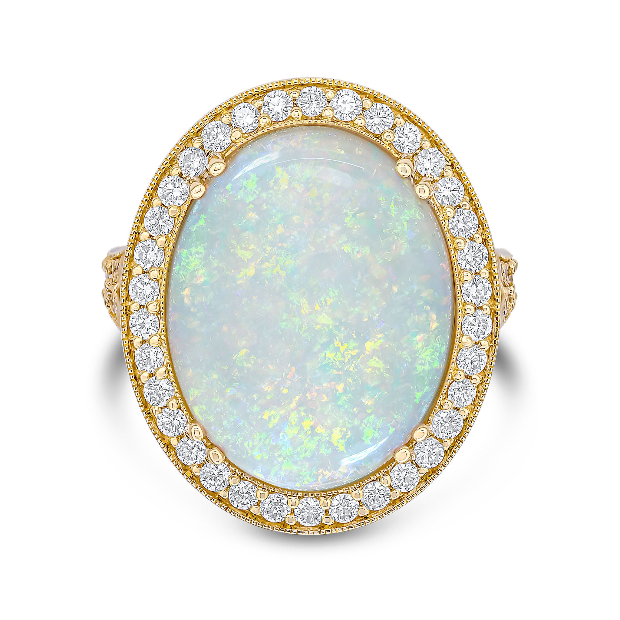 18ct Yellow Gold Oval Opal and Diamond Milgrain Cluster Ring with Diamond Set Split Shoulders
