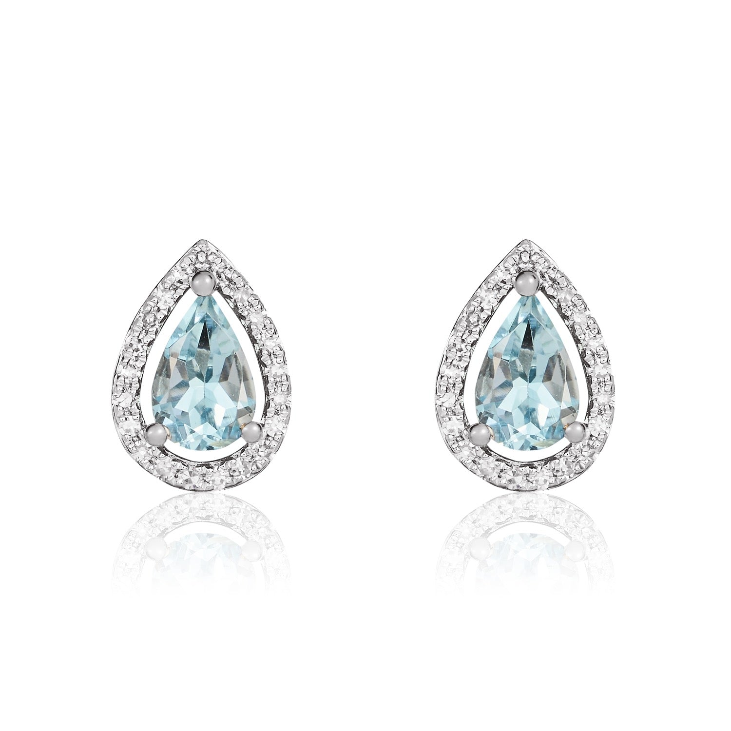 9ct White Gold 6x4 Pear Shape Aquamarine & Diamond Halo Cluster Earrings