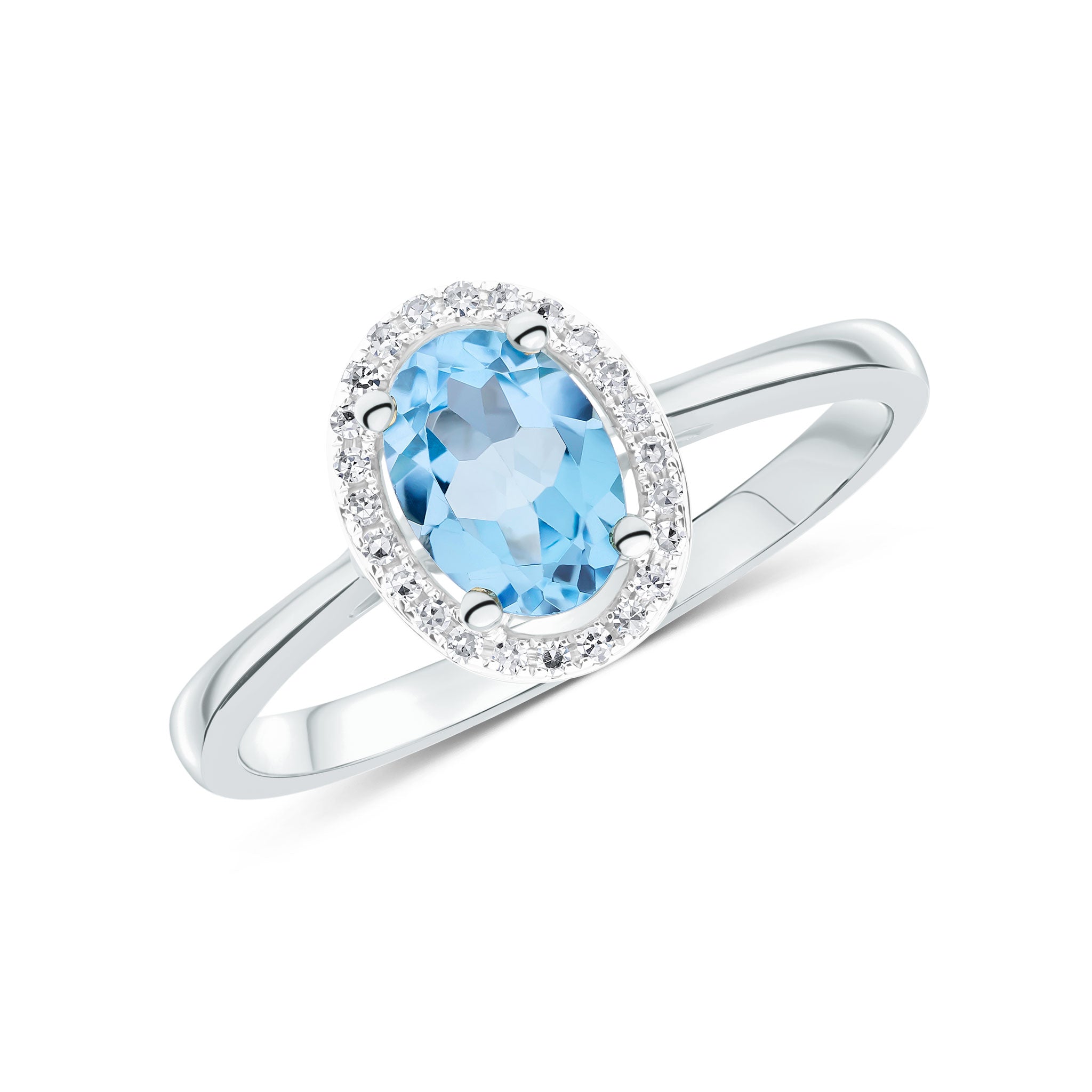 9ct White Gold 7x5 Oval Swiss Blue Topaz & Round Diamond Halo Cluster Ring