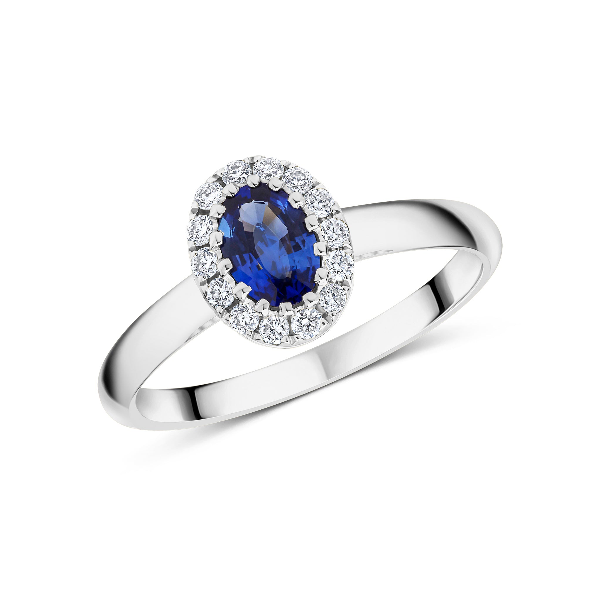 18ct White Gold 6x4 Oval Sapphire & Diamond Claw Set Cluster Ring