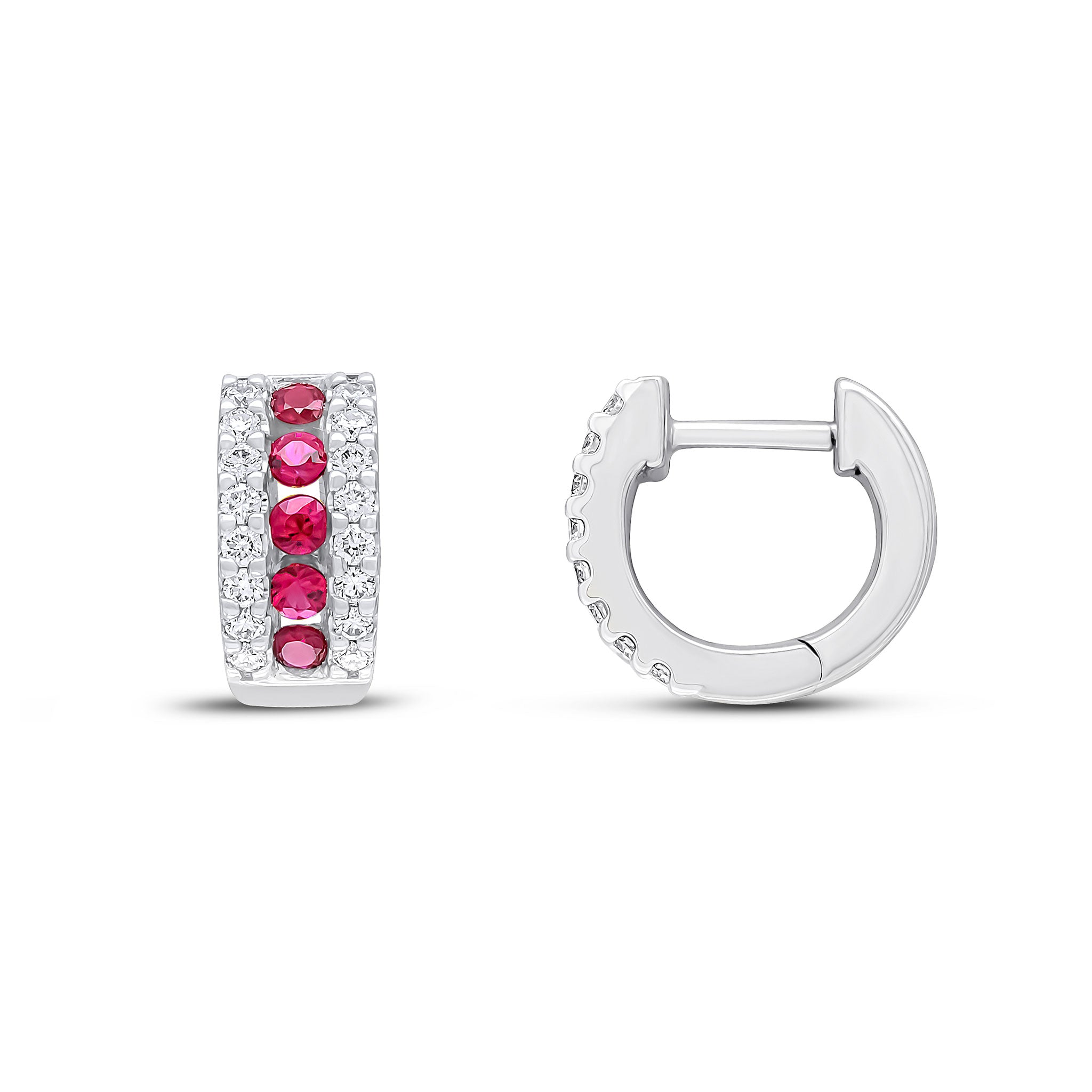 18wg Round Ruby & Diamond 3 Row Huggies