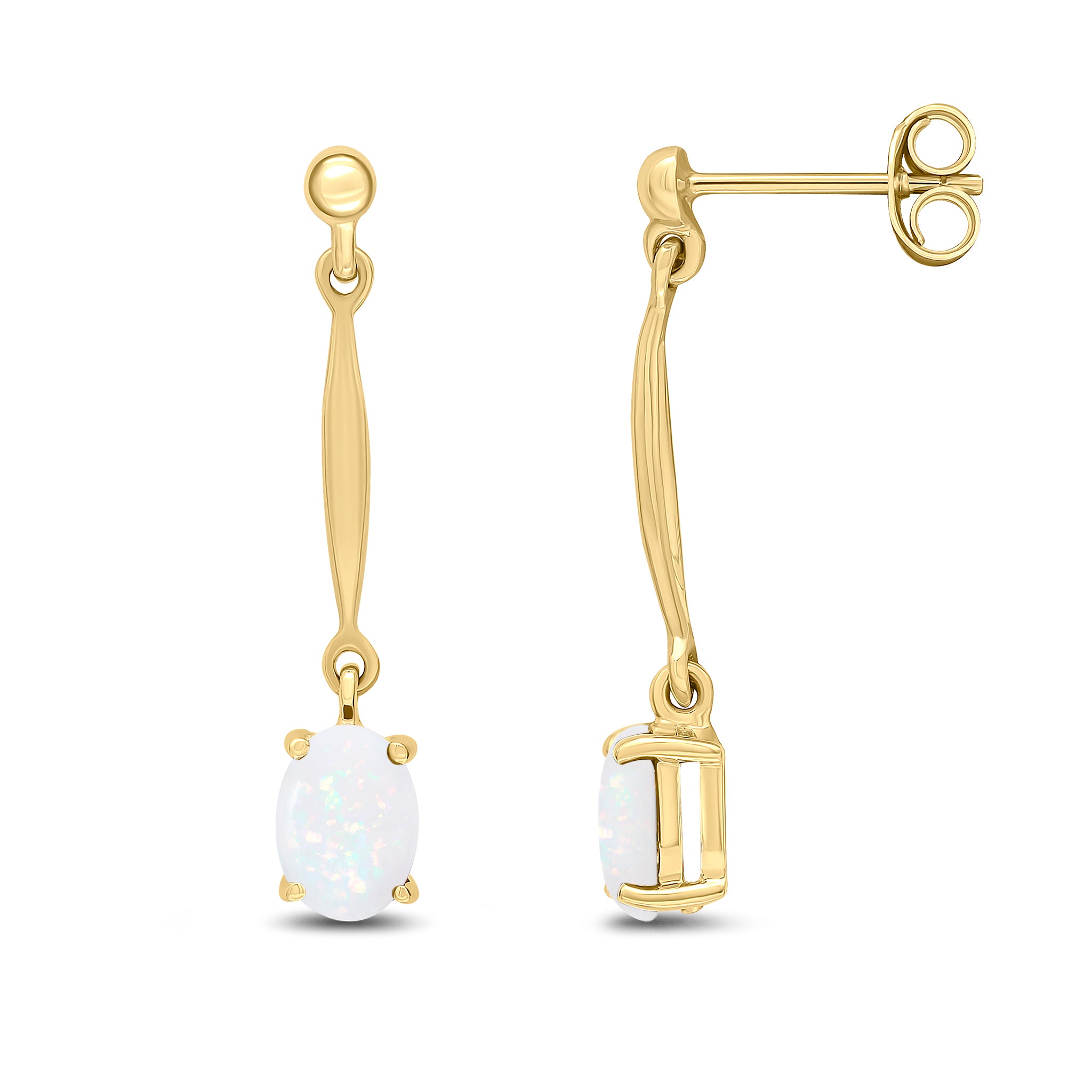 9ct Yellow Gold 7x5mm Oval Opal and Bar Drop Earrings with Bead Top