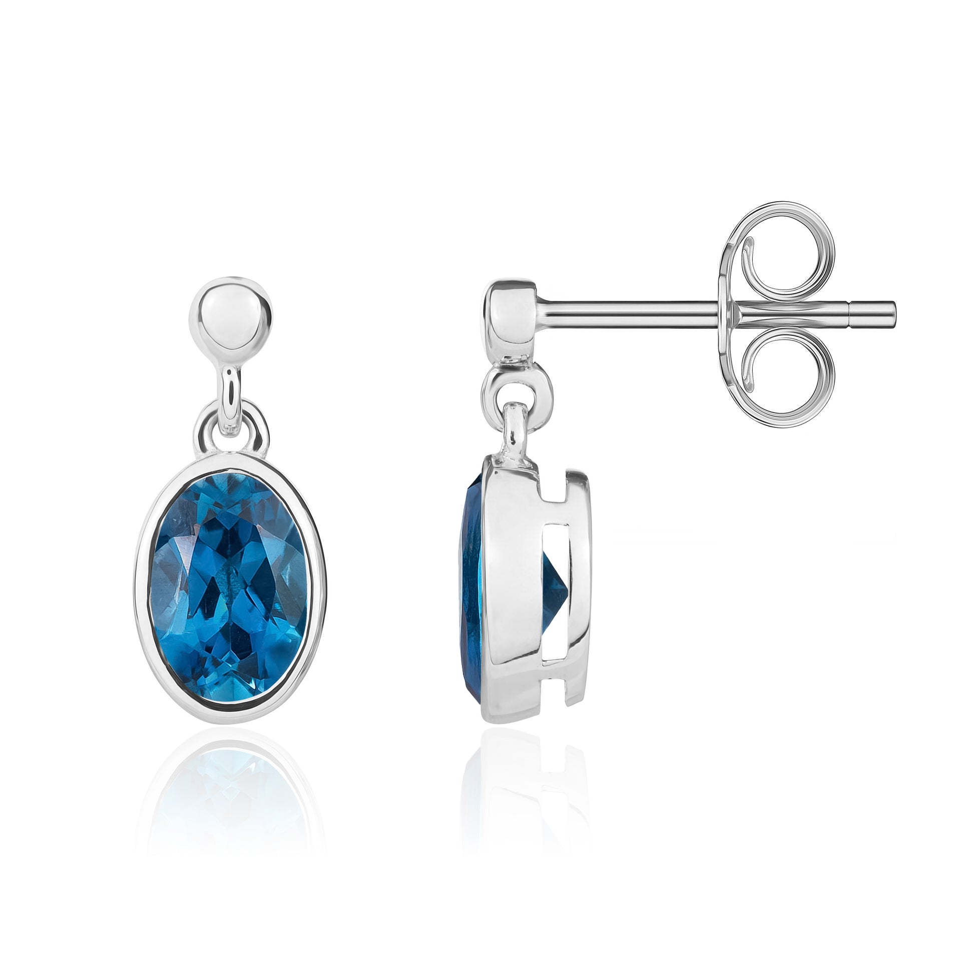 9ct White Gold 7x5mm Oval London Blue Topaz Rubover Drop Earrings with Bead Top