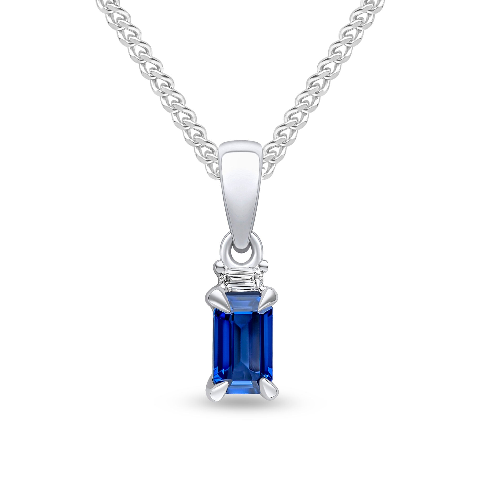 18ct White Gold 5x3 Octagon Sapphire and Baguette Diamond 2 Stone Pendant with Plain Loop Top