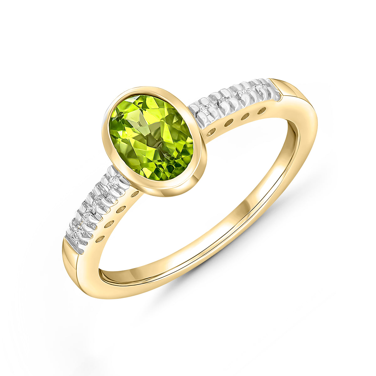 9ct Yellow Gold Rubover 7x5 Oval Peridot Single Stone Ring with Claw Set Diamond Shoulders Rhodium to Diamonds