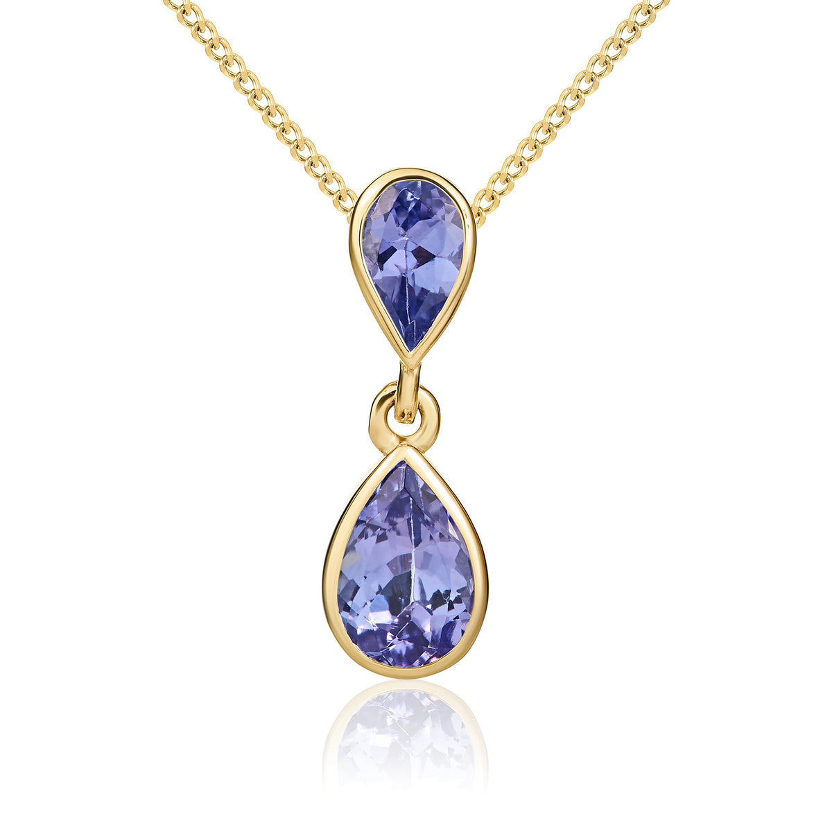 9ct Yellow Gold Pear Shaped Tanzanite Rubover Double Drop Pendant