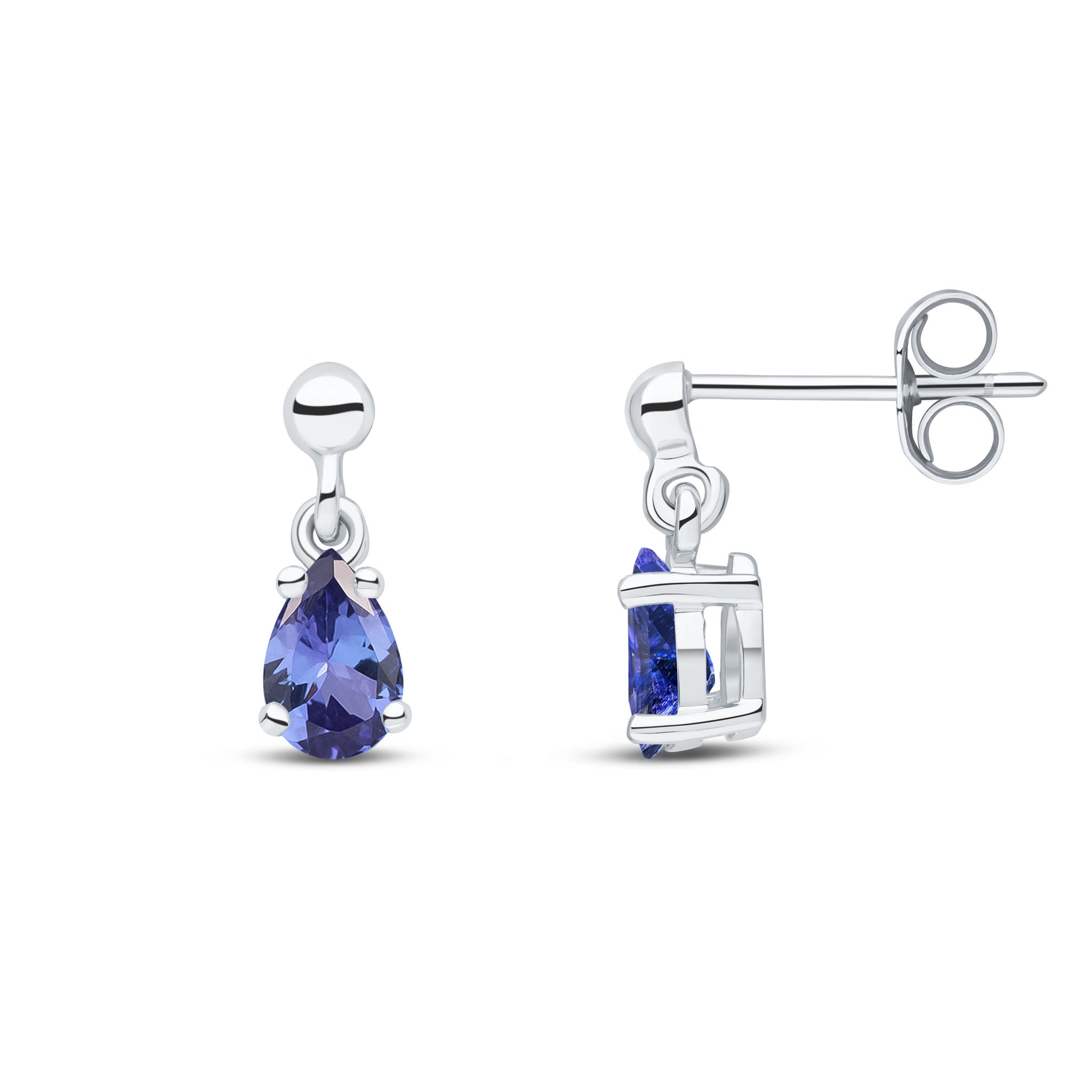 9ct White Gold 6x4 Pear Shape Tanzanite Claw Set Drop Earrings with Bead Stud Top