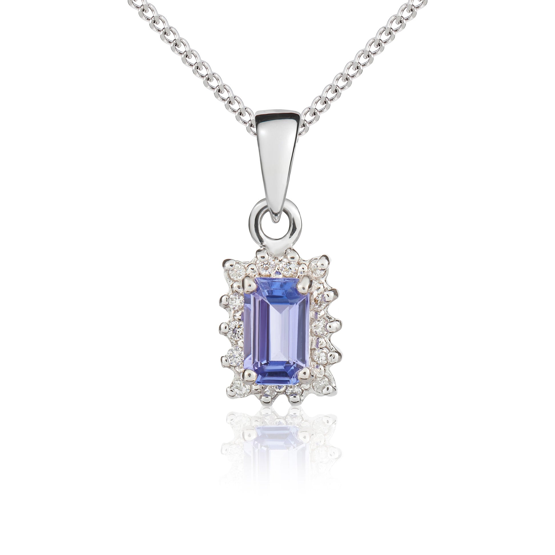 9ct white gold octagonal 5 x 3mm Tanzanite & diamond cluster pendant