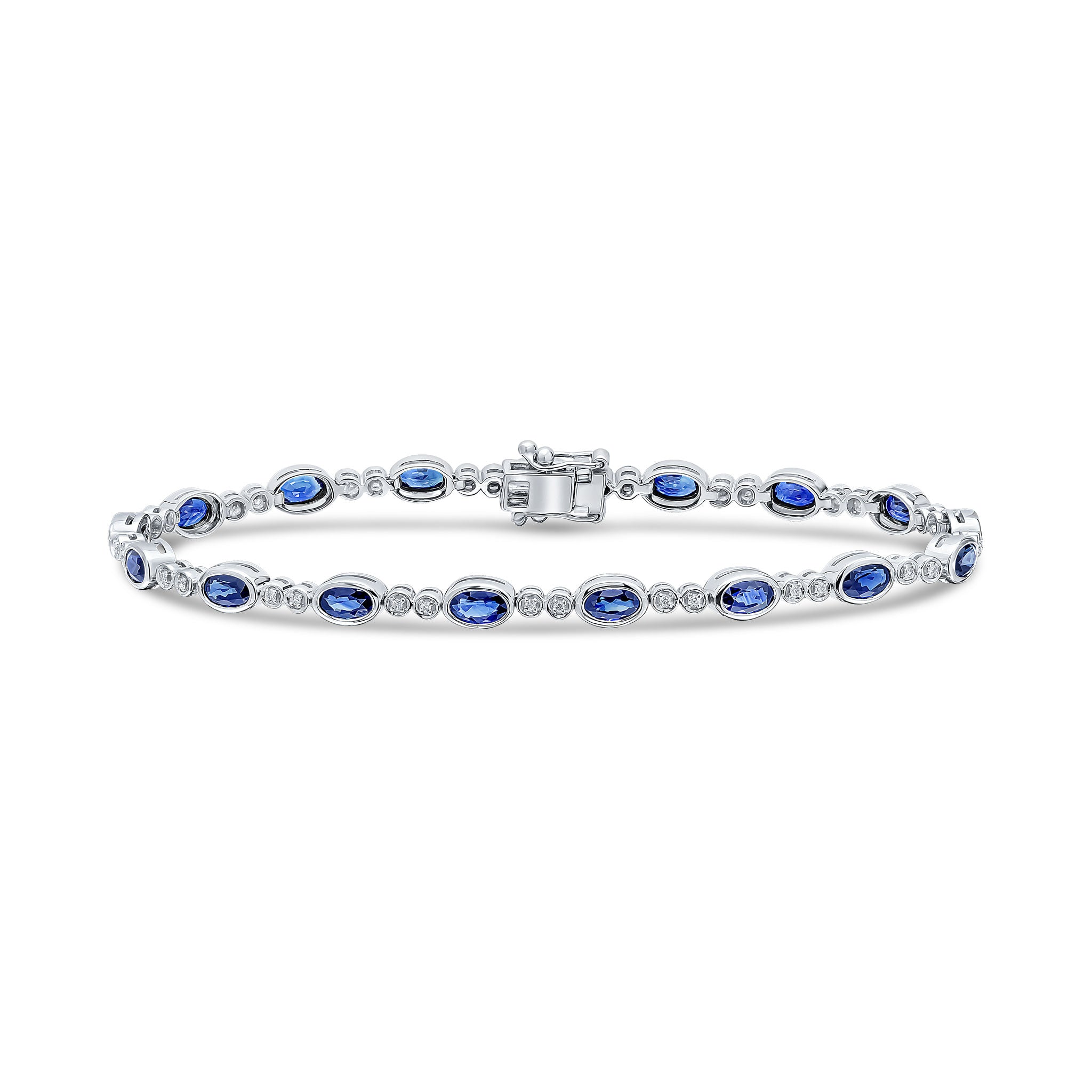 18ct White Gold Oval Sapphire & Round Diamond Rubover Line Bracelet