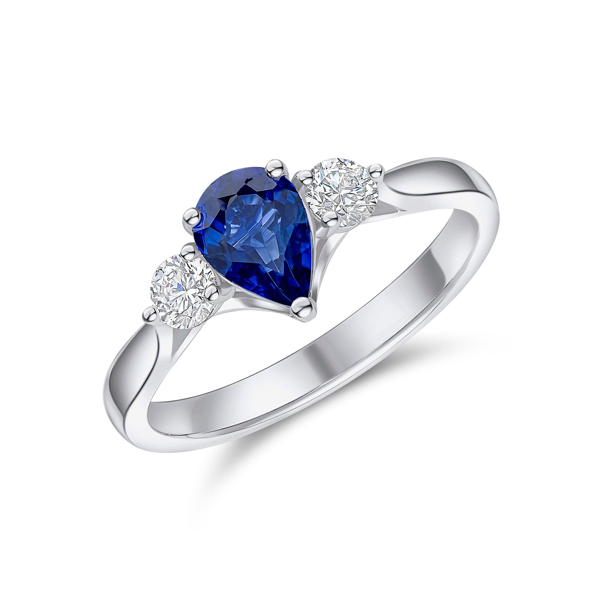 18ct White Gold Pear Shape Sapphire and Brilliant Cut Diamond Claw 3 Stone Ring