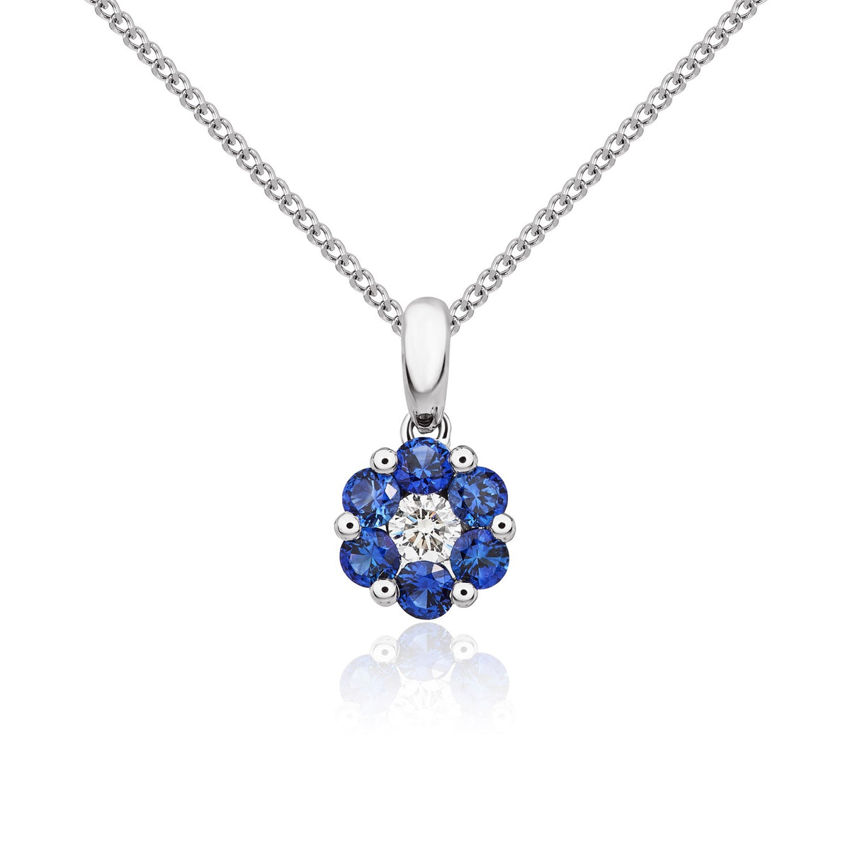 18ct White Gold Round Sapphire and Diamond Claw Reverse Cluster Pendant