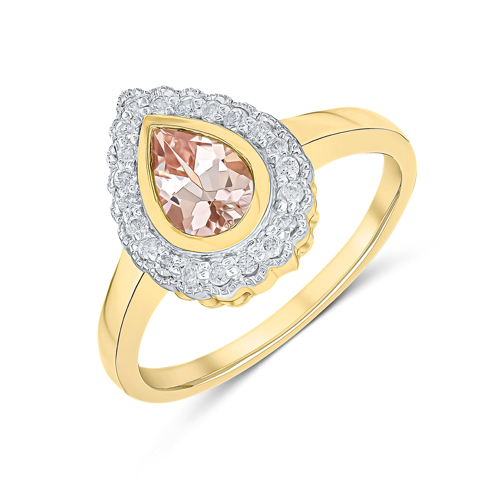 9ct Yellow Gold Pear Shape Rubover Morganite and Milgrain Round Diamond Cluster Ring Rhodium to Diamonds
