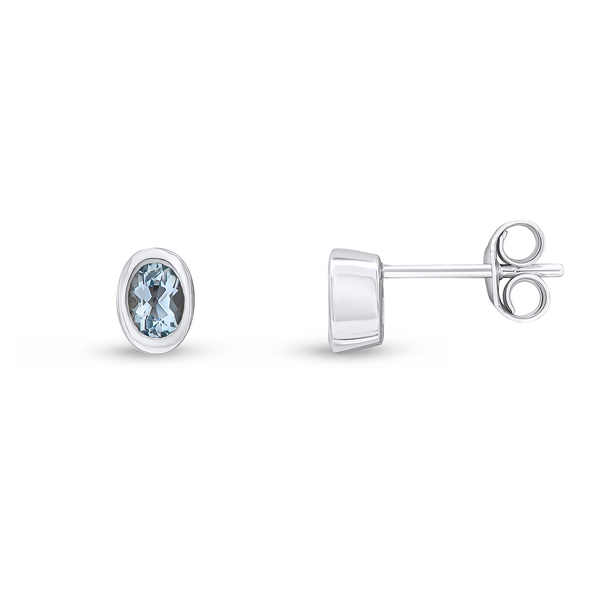 9ct White Gold 4x3 Oval Aquamarine Rubover Set Earrings