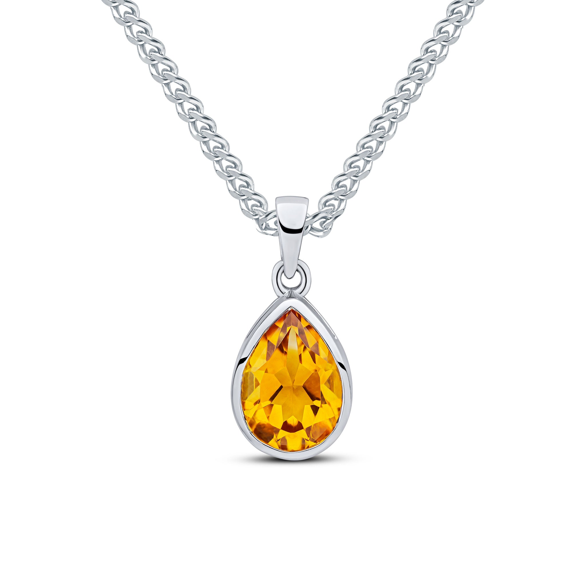 9ct White Gold 10x7mm Pear Shape Citrine Rubover Pendant
