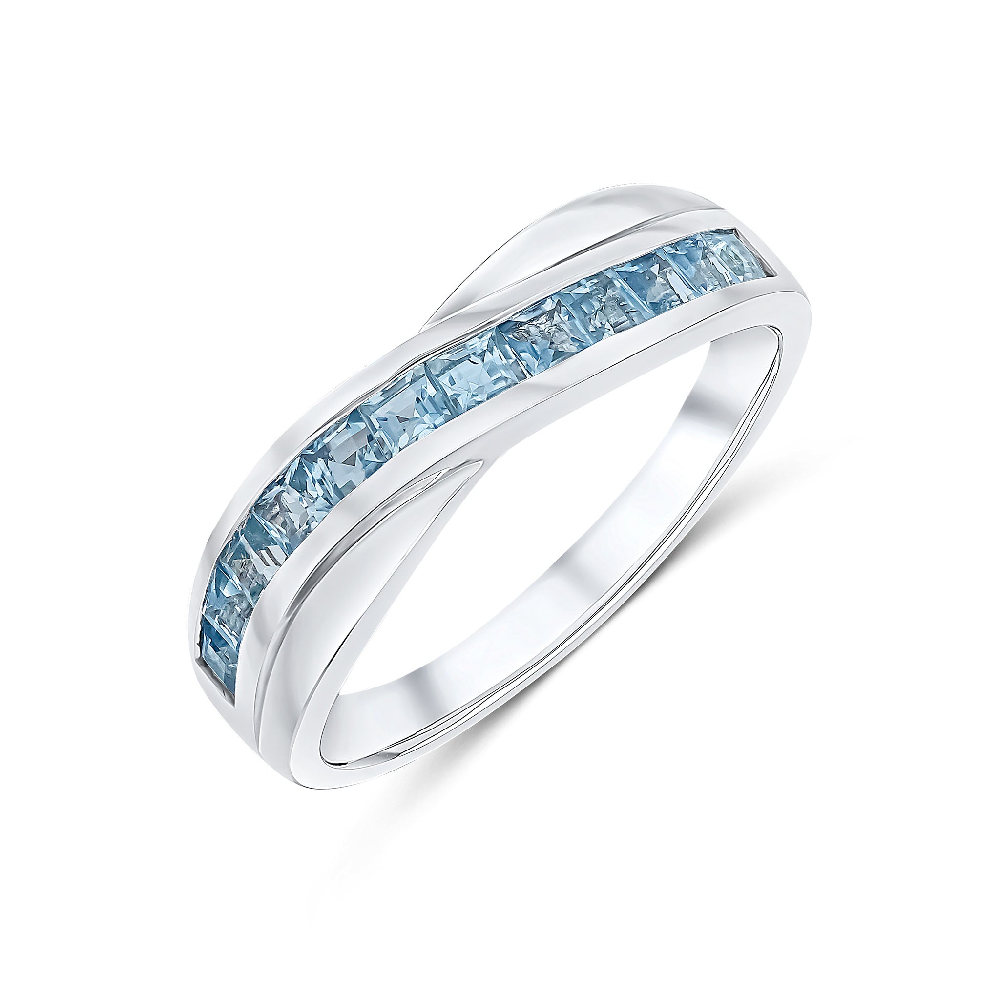 9ct White Gold Square Aquamarine 12st Twist Et