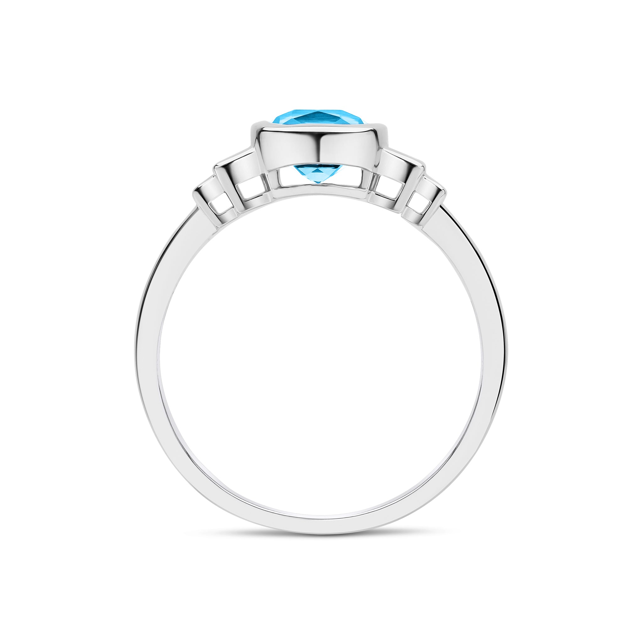 9CT WG 6MM CUSHION SWISS BLUE TOPAZ & BAGUETTE DIAMOND 2ST STEPPED SHOULDERS RING 1