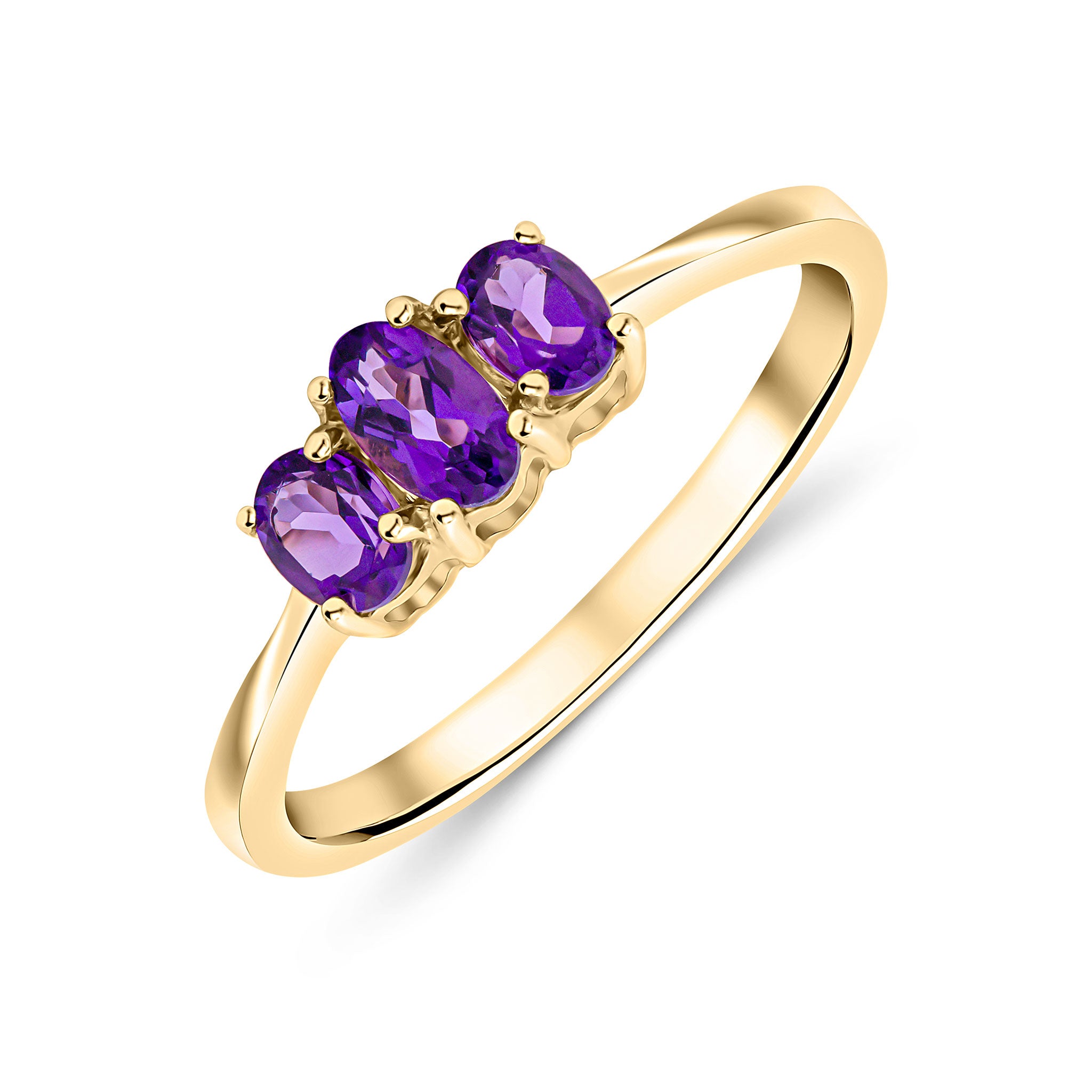 9ct Yellow Gold Oval Amethyst 3 Stone Claw Set Ring