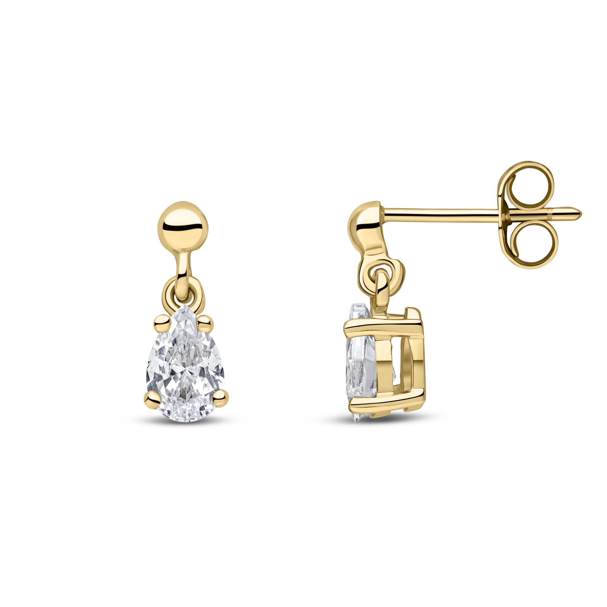9ct Yellow Gold 6x4 Pear Shape CZ Claw Set Drop Earrings with Bead Stud Top