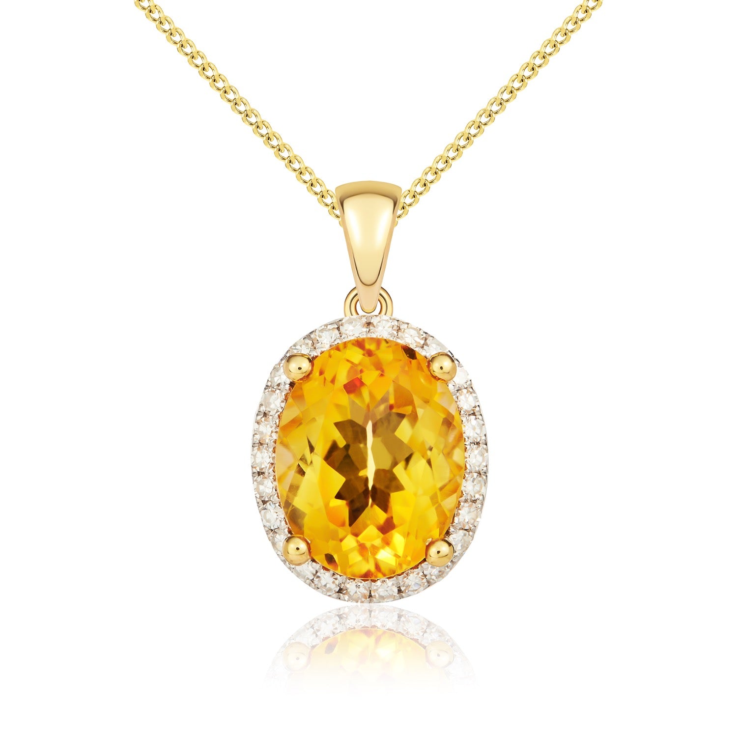 9ct Yellow Gold 9x7 Oval Citrine & Diamond Claw Set Cluster Pendant Rhodium to Diamonds