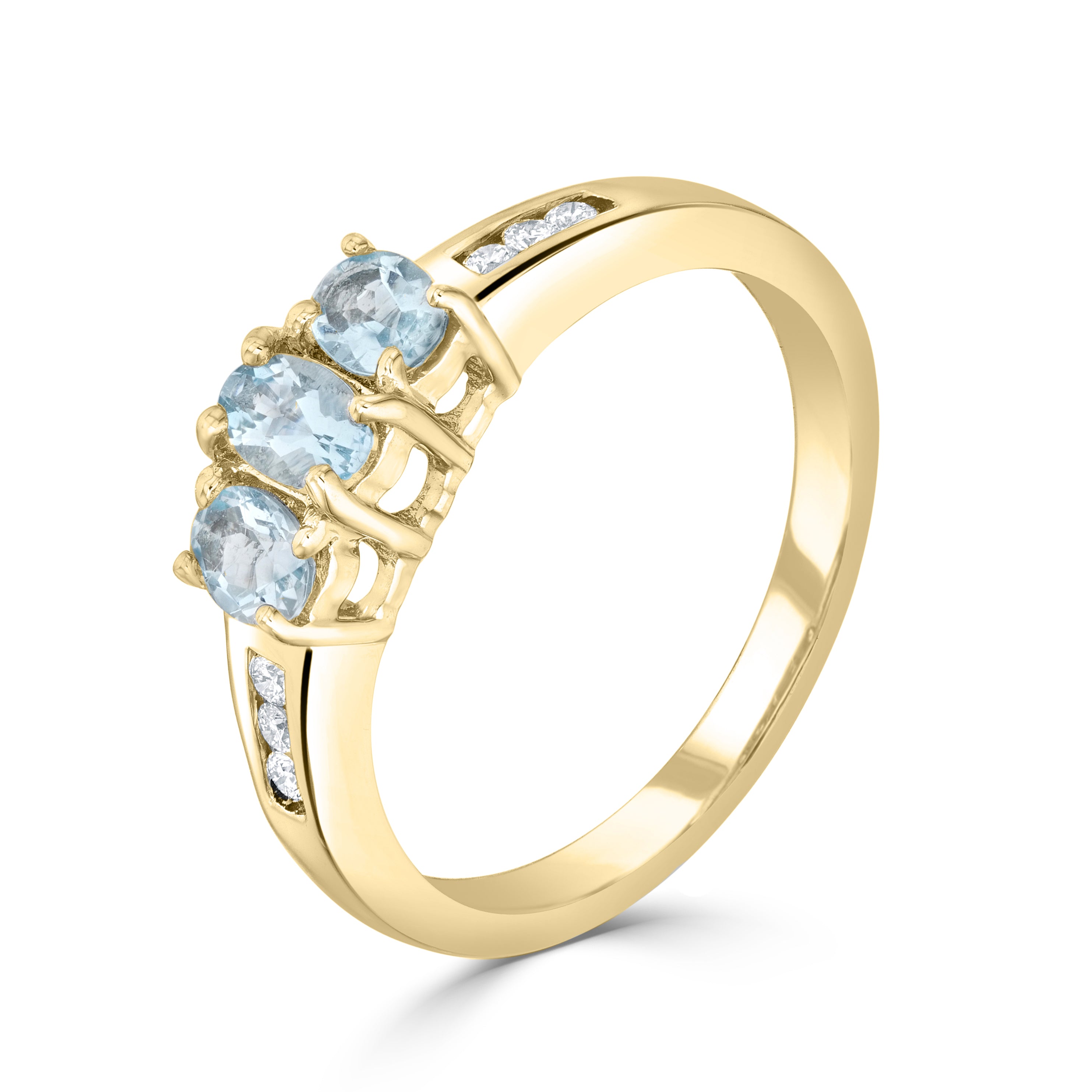 9CT YG OVAL AQUAMARINE CLAW 3 STONE & CHANNEL SET DIAMOND RING 1