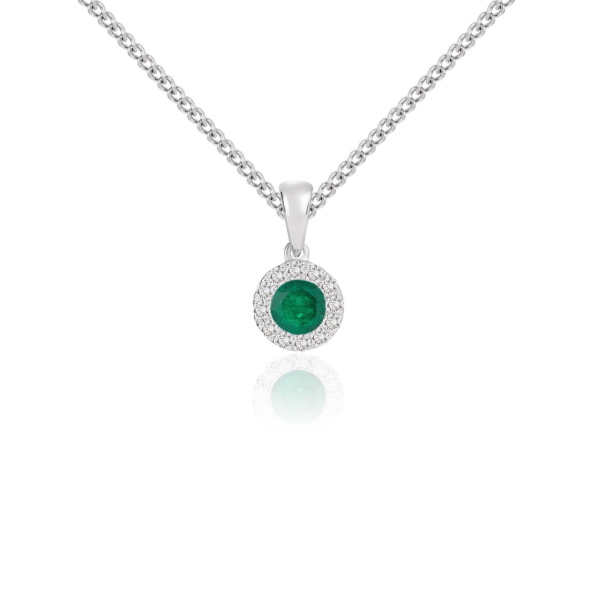 18ct White Gold 4mm Round Emerald and Diamond Microset Cluster Pendant with Plain Loop