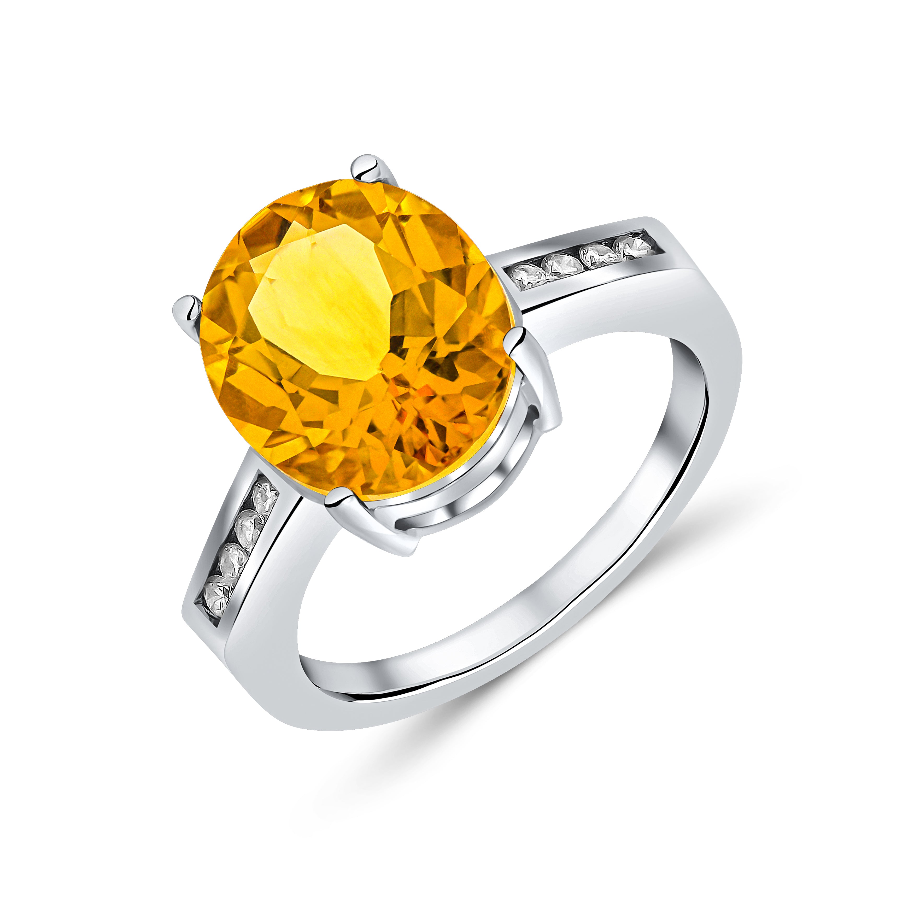 9CT WG 12X10MM CLAW SET OVAL CITRINE SINGLE STONE RING WITH CHANNEL SET DIAMOND SHOULDERS 1