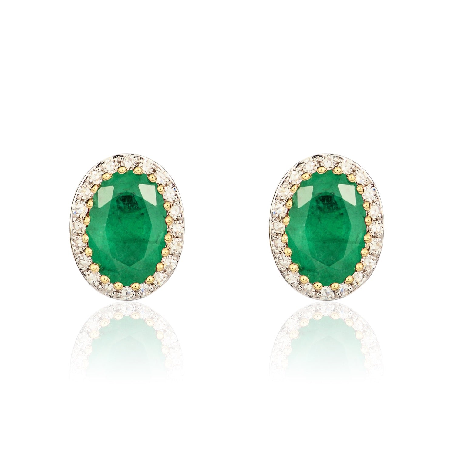 9ct Yellow Gold 7x5 Oval Emerald and Round Diamond Claw Cluster Earrings