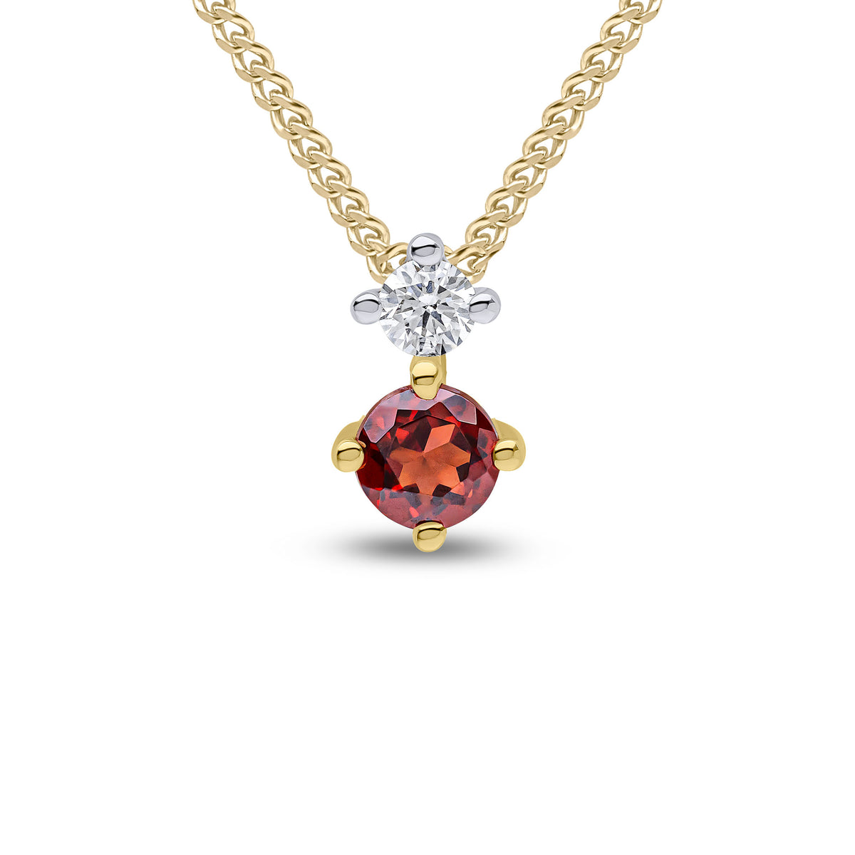 18ct Yellow Gold 4mm Round Garnet & Diamond Claw Set 2 Stone Slider Pendant
