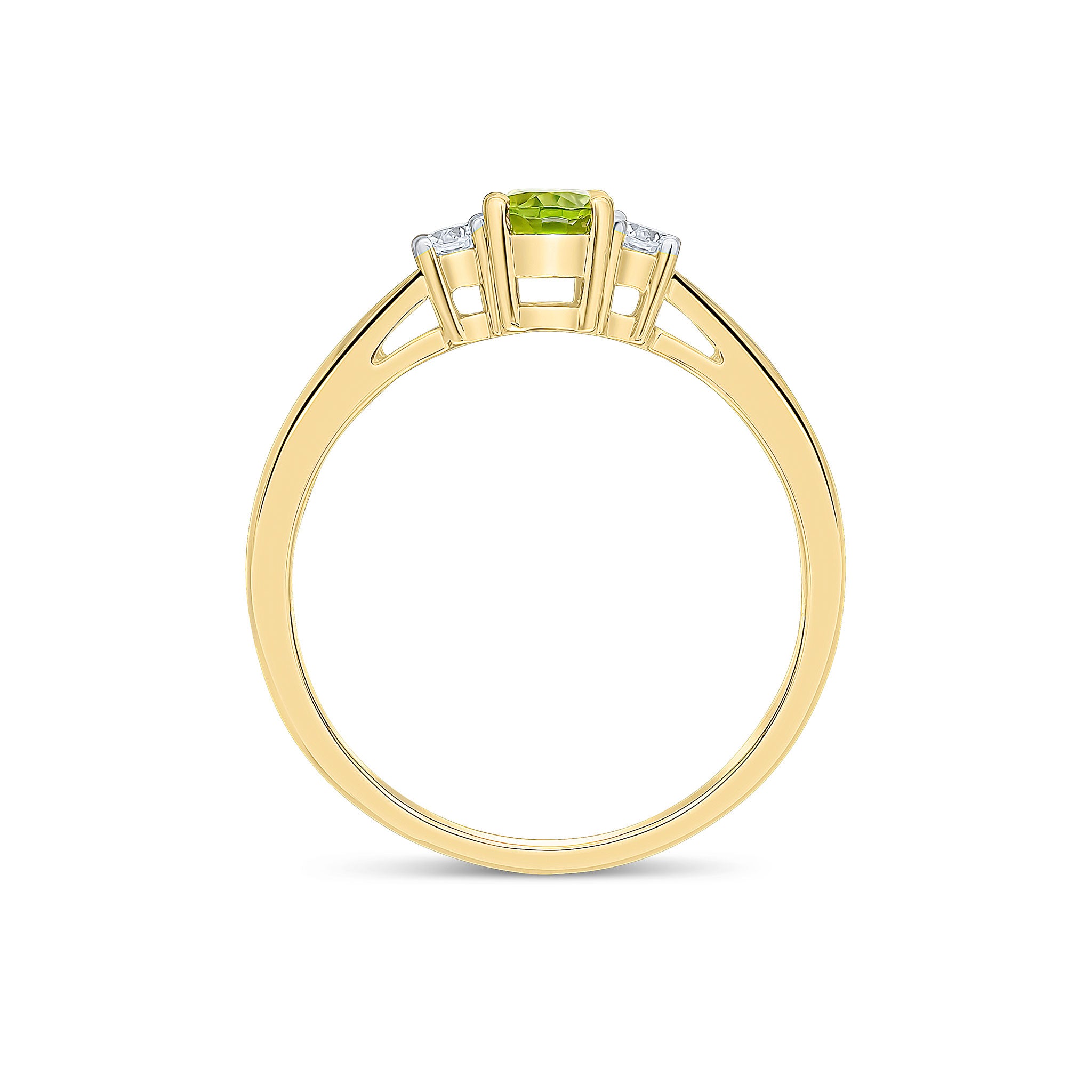 9CT YG 6X4 OVAL PERIDOT AND ROUND DIAMOND CLAW SET 3ST RING. RHODIUM TO DIAMONDS 1