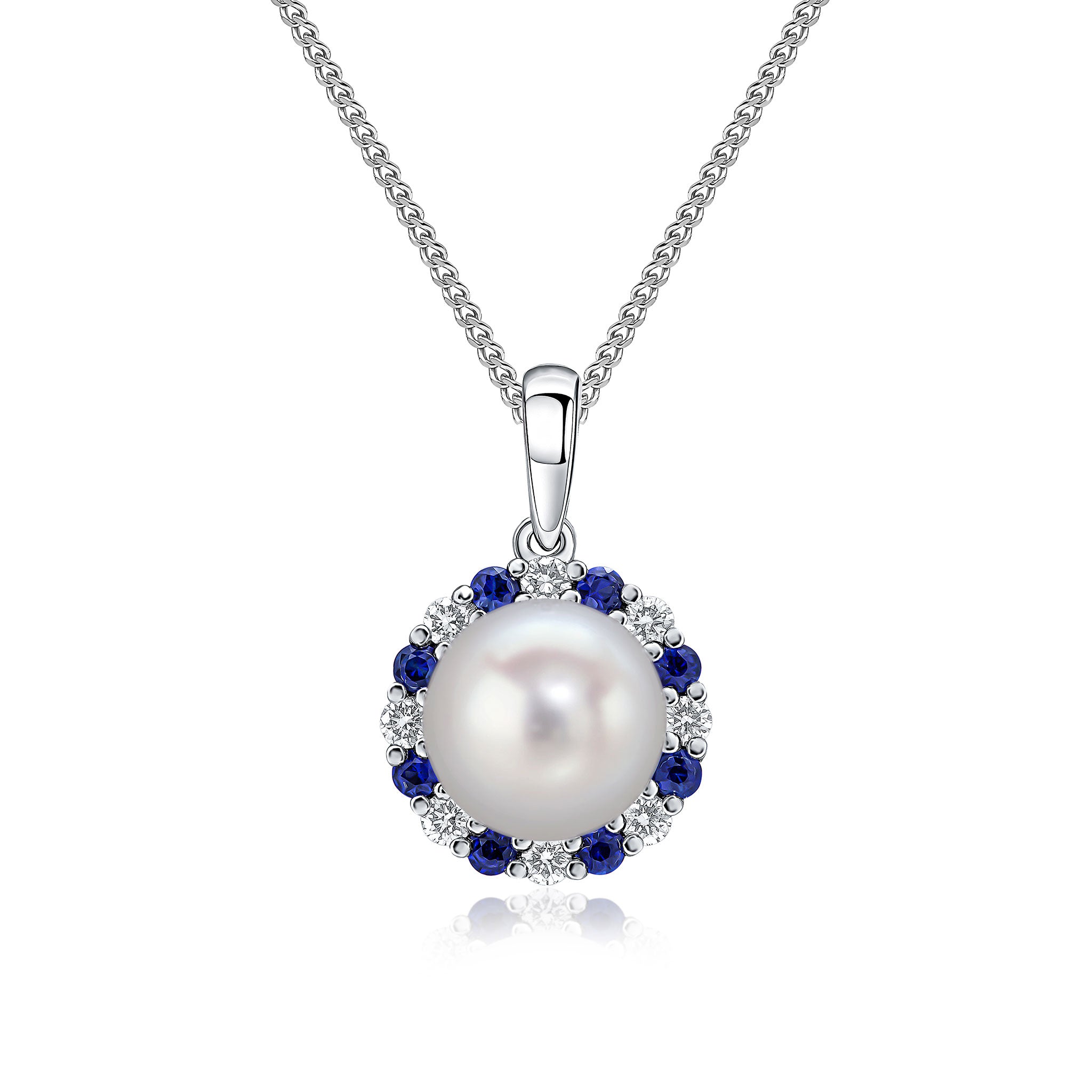 18ct White Gold Freshwater Cultured Pearl with Round Sapphire and Diamond Border Cluster Pendant